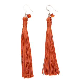 Handmade Orange Tassel Earrings with Orange Crystal Accents