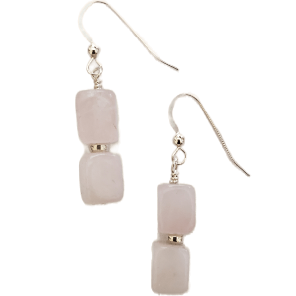 Rose Quartz Square Dangle Earrings with sterling silver accents and earwires.