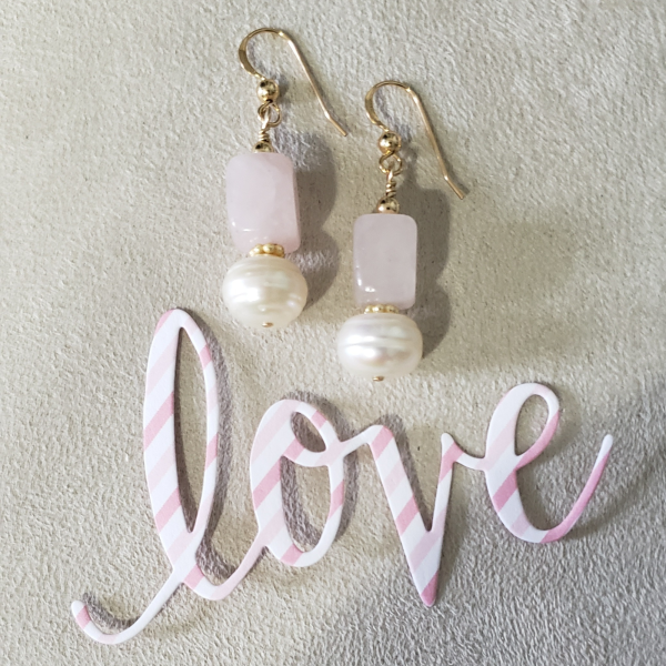 Rose quartz dangle earrings with pearls and gold filled earwires for pierced ears