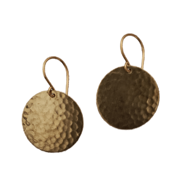 Round Brass hammered earrings with brass earwires for pierced ears.