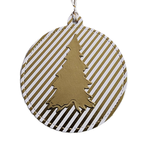 Opulence striped round tag with gold and white stripes with gold christmas tree