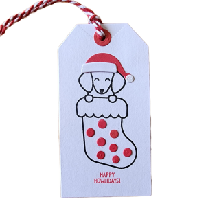 Puppy Gift tag with red polka dots and red christmas hat