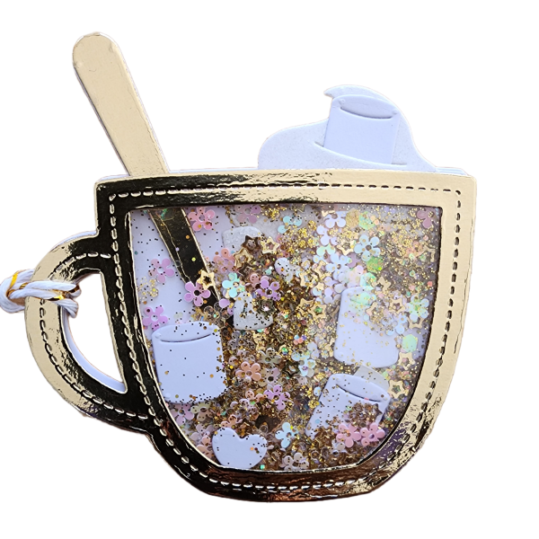 The Gold Foil Mug Handmade Gift tag with sparkles, marshmallows and whipped cream.