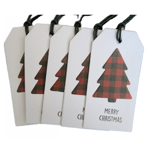 Buffalo print christmas tree tags with merry christmas stamped on the front