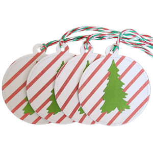 Red Striped Christmas Tag with red, white and green cord