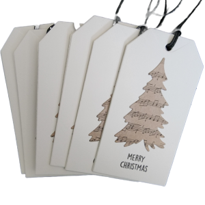 Vintage Music Tree with Merry Christmas stamped on the front in black
