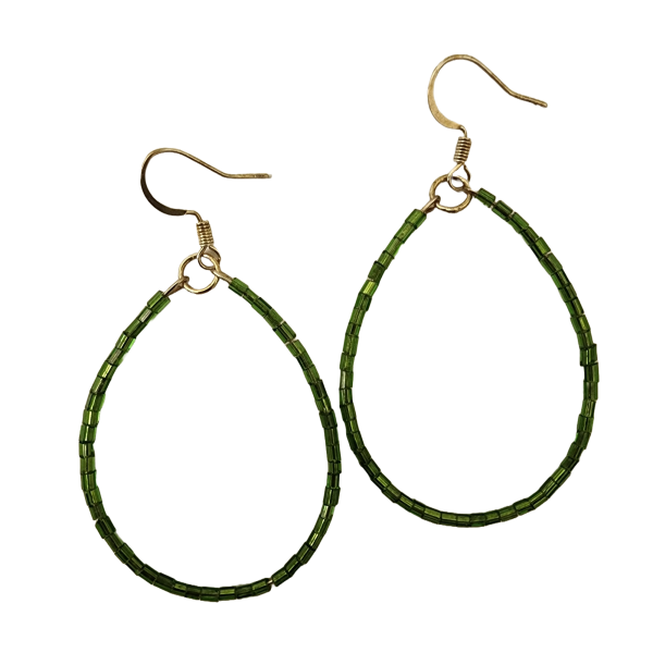 Green Seed Bead Hoop Earrings Handmade